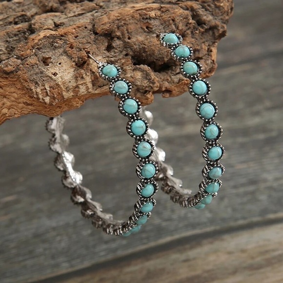New turquoise and silver hoop earrings - Picture 2 of 2
